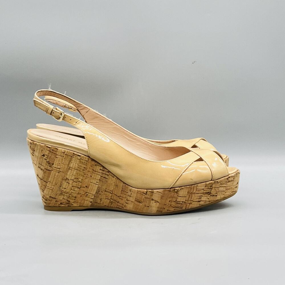 Stuart Weitzman Sandals Womens 12 Beige Leather Slingback Cork Wedge Shoes